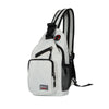 A white multi-use adjustable chest and shoulder bag with black straps and pockets.