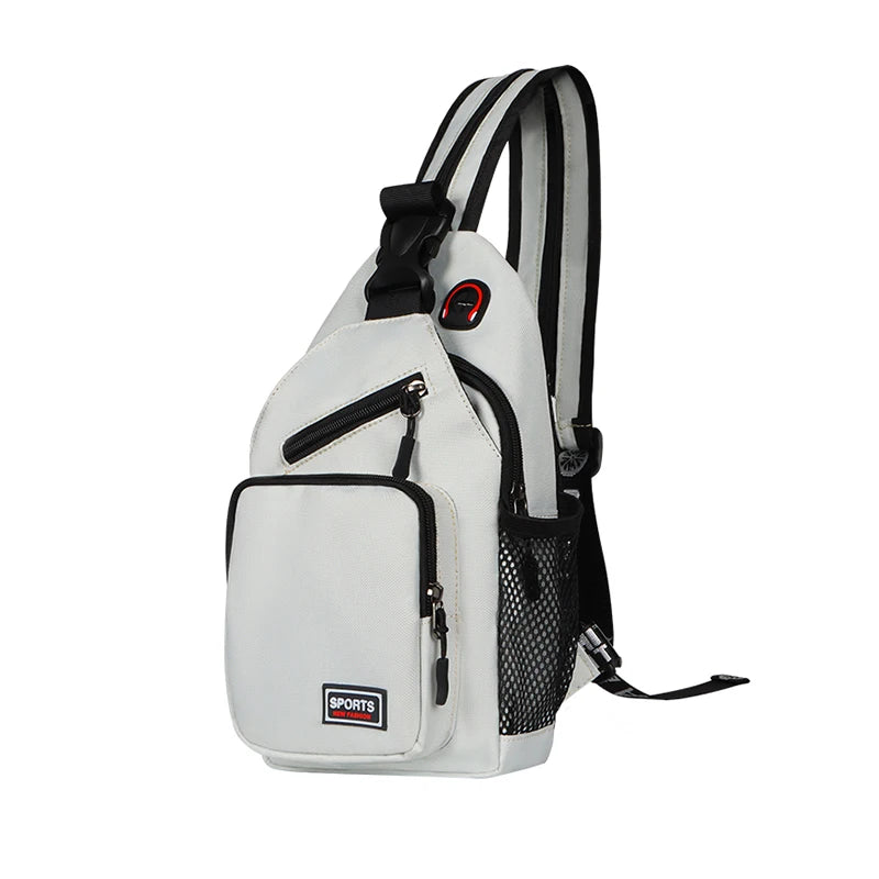 A white multi-use adjustable chest and shoulder bag with black straps and pockets.