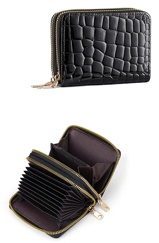 Black quilted fashion PU leather double zipper wallet shown from the top and open view