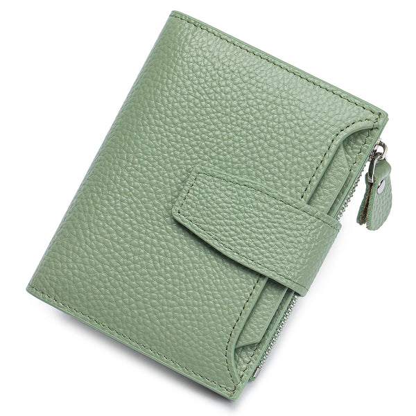 A light sage green genuine leather RFID blocking bifold wallet shown from above.