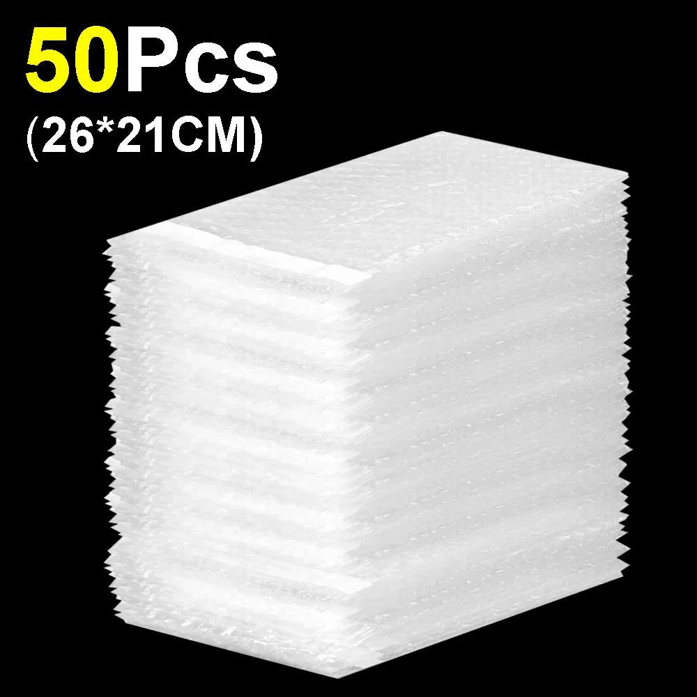 A stack of 50 self-sealing bubble mailer bags measuring 26x21cm.