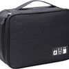 A black portable digital organizer storage pouch with a zipper and power icons printed on the front.