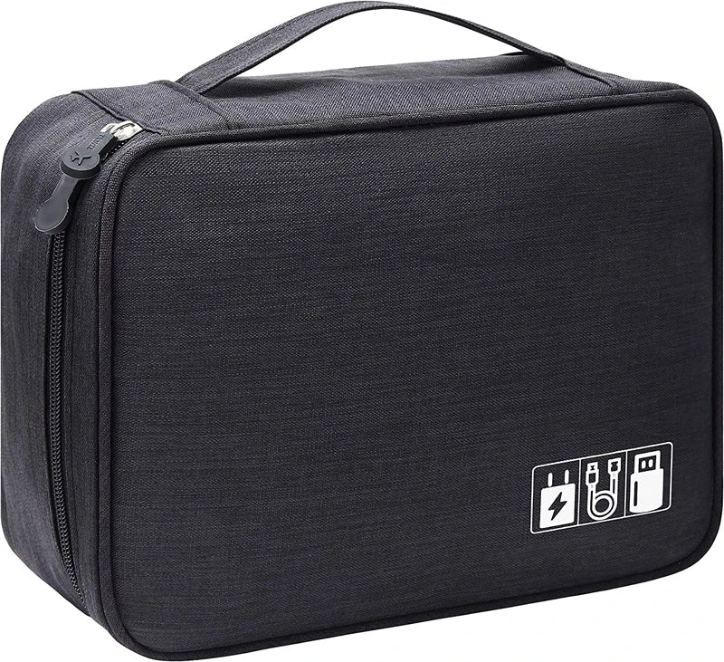 A black portable digital organizer storage pouch with a zipper and power icons printed on the front.