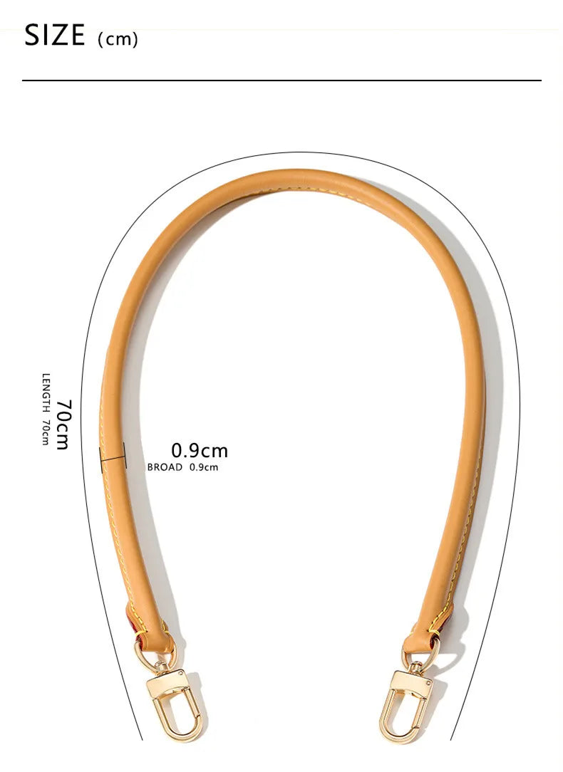 A close-up view of a tan genuine cowhide leather shoulder strap measuring 70cm long and 0.9cm wide.