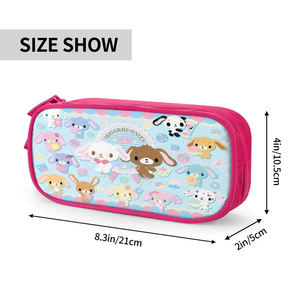 Pink fabric pencil case featuring cute animal illustrations for school supplies.