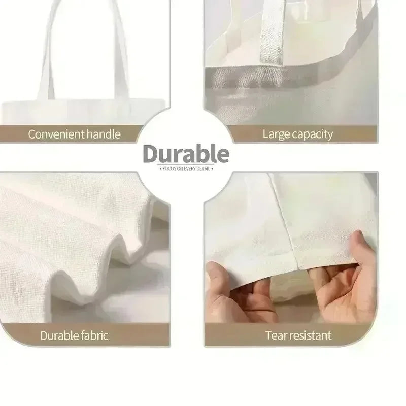 A white canvas tote bag with a handle, showing features like convenient handle, large capacity, durable fabric, and tear resi