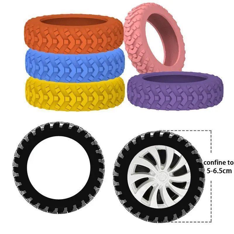 A set of five silicone luggage wheels in various colors including orange, blue, yellow, and purple.