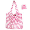 Pink and white striped reusable nylon tote bag with pink flamingo print