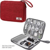A red portable digital organizer storage pouch with a clear mesh insert for cables and accessories.