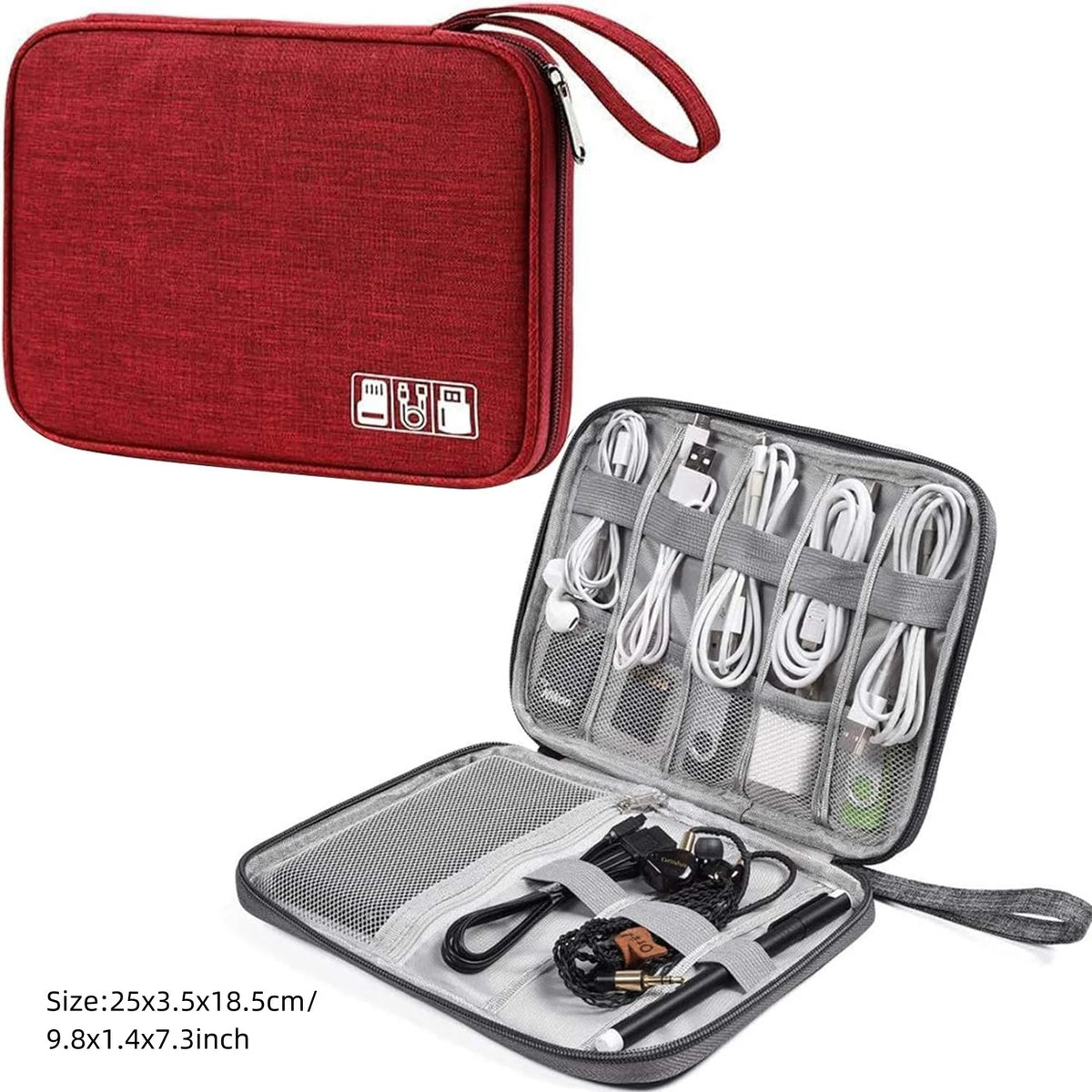 A red portable digital organizer storage pouch with a clear mesh insert for cables and accessories.