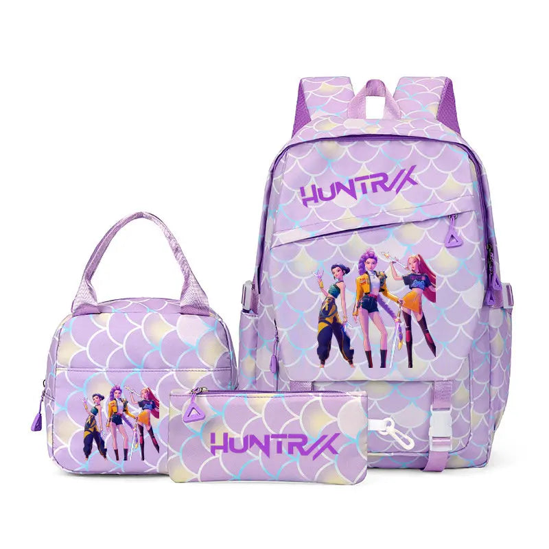 A purple and yellow multi-compartment casual backpack featuring a vibrant pattern and character designs.