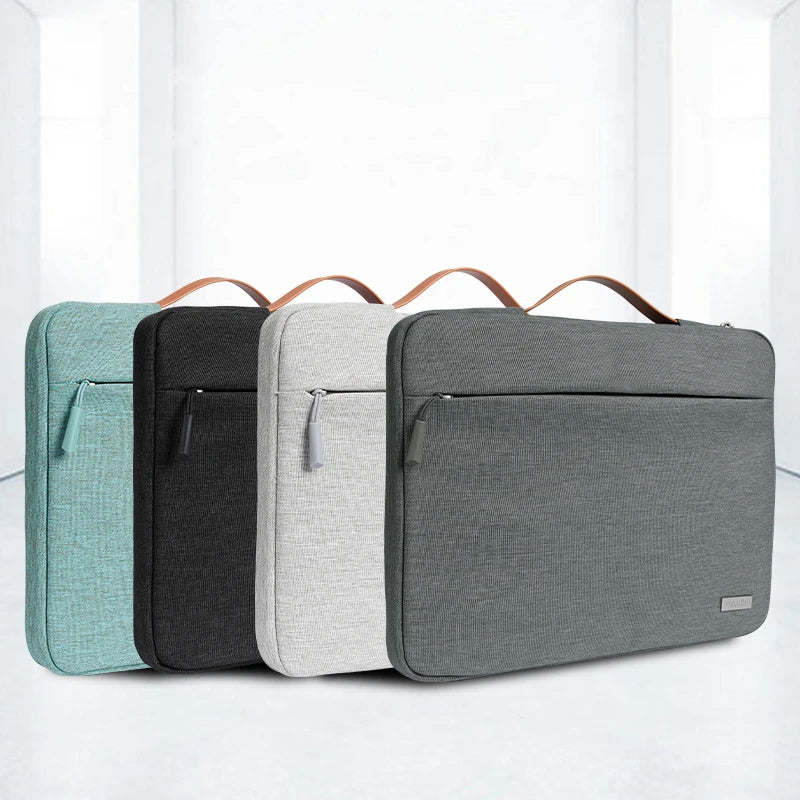 A set of four multi-pocket laptop sleeves in teal, black, light gray, and charcoal gray with brown handles.