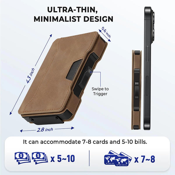 Gros plan d'une pochette en cuir marron minimaliste ultra-fine et d'un portefeuille noir à rabat.