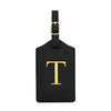 Black PU leather luggage tag with a gold letter T and a metal loop for attachment.