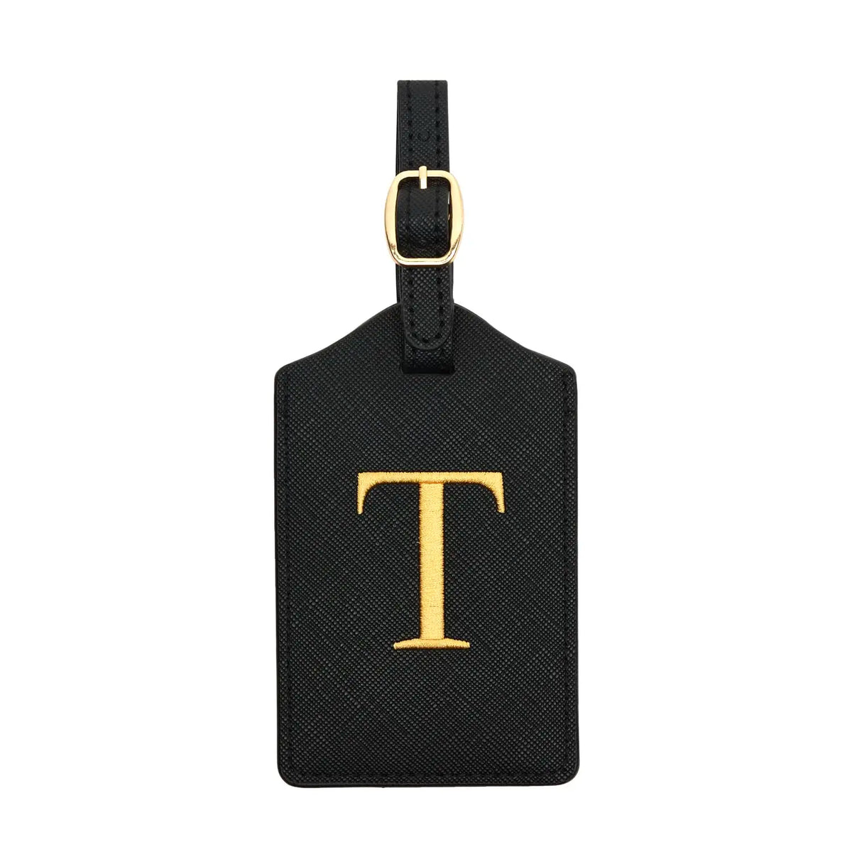 Black PU leather luggage tag with a gold letter T and a metal loop for attachment.