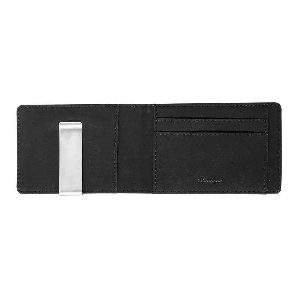 Black slim leather bi-fold wallet with a silver money clip.