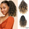 A woman models 14-inch kinky curly drawstring hair extensions in brown and blonde tones.