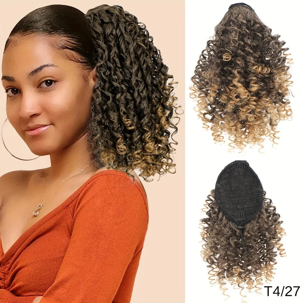 A woman models 14-inch kinky curly drawstring hair extensions in brown and blonde tones.