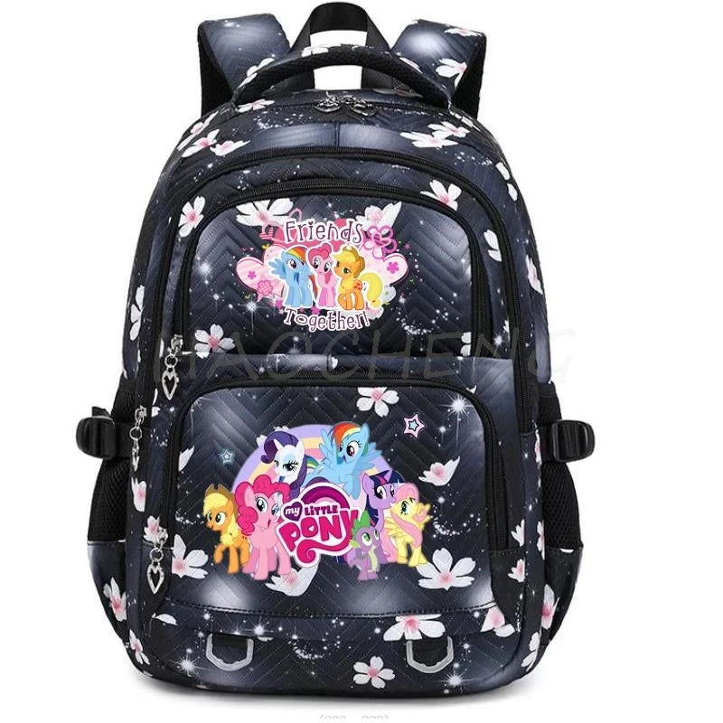 A black backpack featuring a floral pattern and characters from My Little Pony