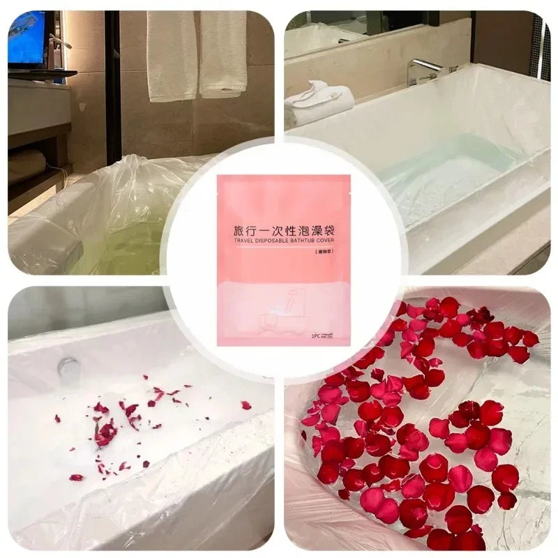 A set of disposable bathtub liners and bath covers shown in various stages, including a white tub, pink packaging, and red pe