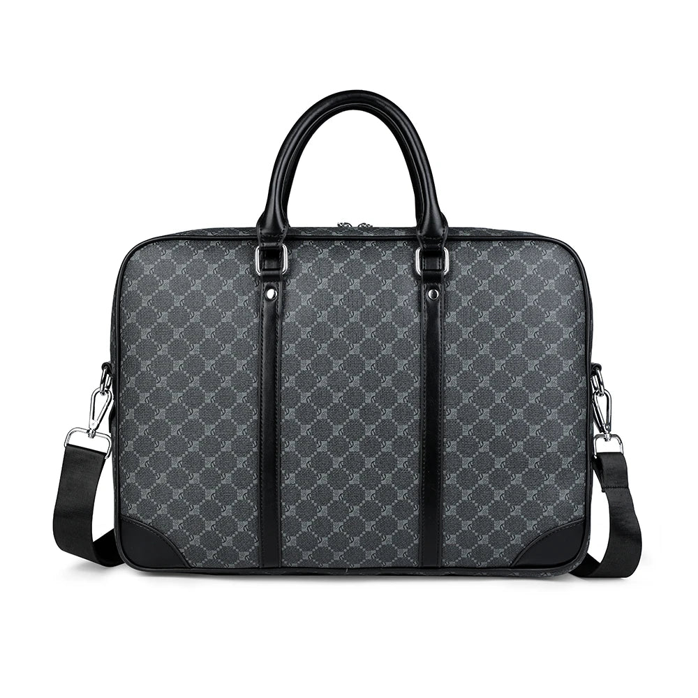 Black executive PU leather laptop briefcase with a top handle and shoulder strap