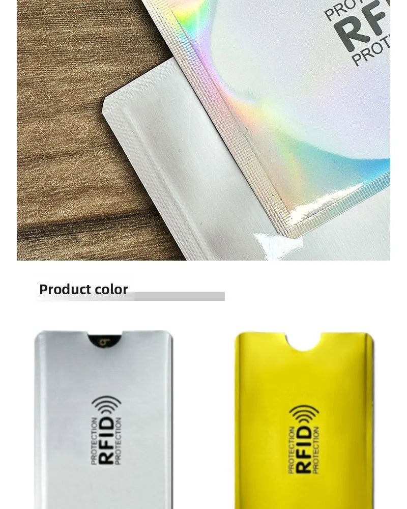 Close-up of a white RFID blocking card sleeve and a yellow RFID blocking card sleeve.