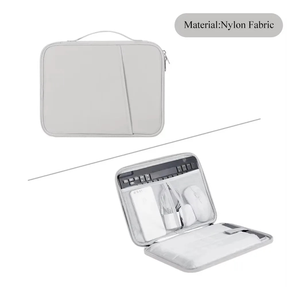 Una funda protectora de nylon blanco para tableta o portátil junto a su estuche metálico abierto.