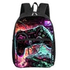 Black backpack featuring a vibrant neon illustration of a video game controller and futuristic cityscape.