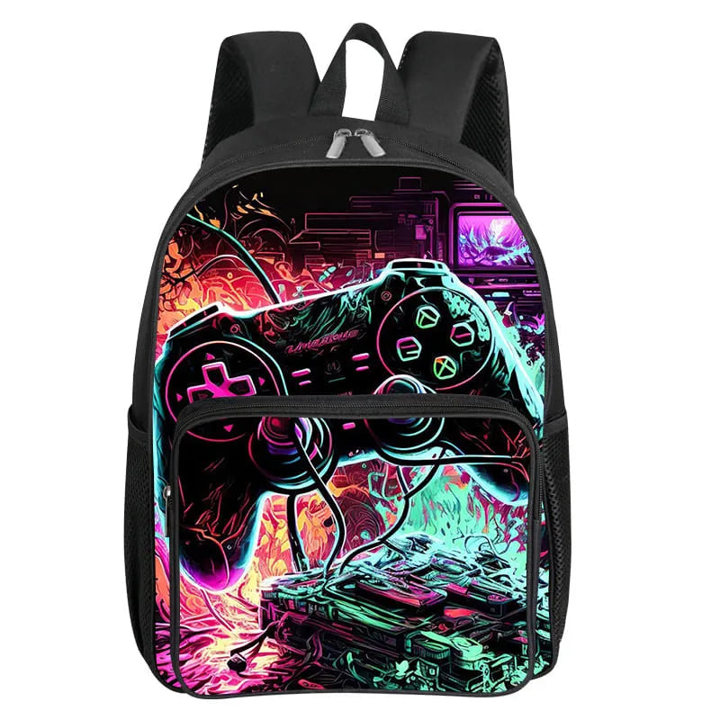Black backpack featuring a vibrant neon illustration of a video game controller and futuristic cityscape.