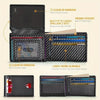 A black leather wallet showing various card slots and a clear ID window with a thumb cutout.