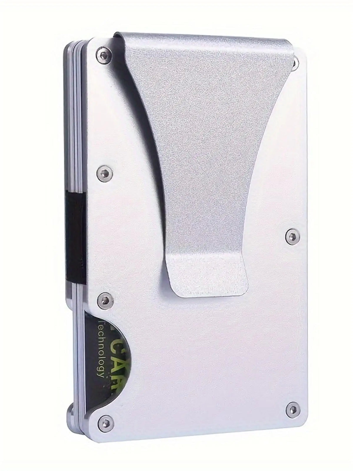 Cartera minimalista de aluminio plateado con bloqueo RFID y funda protectora.