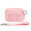 A pink multi-functional zipper wallet with a clear window and a matching strap and keychain.