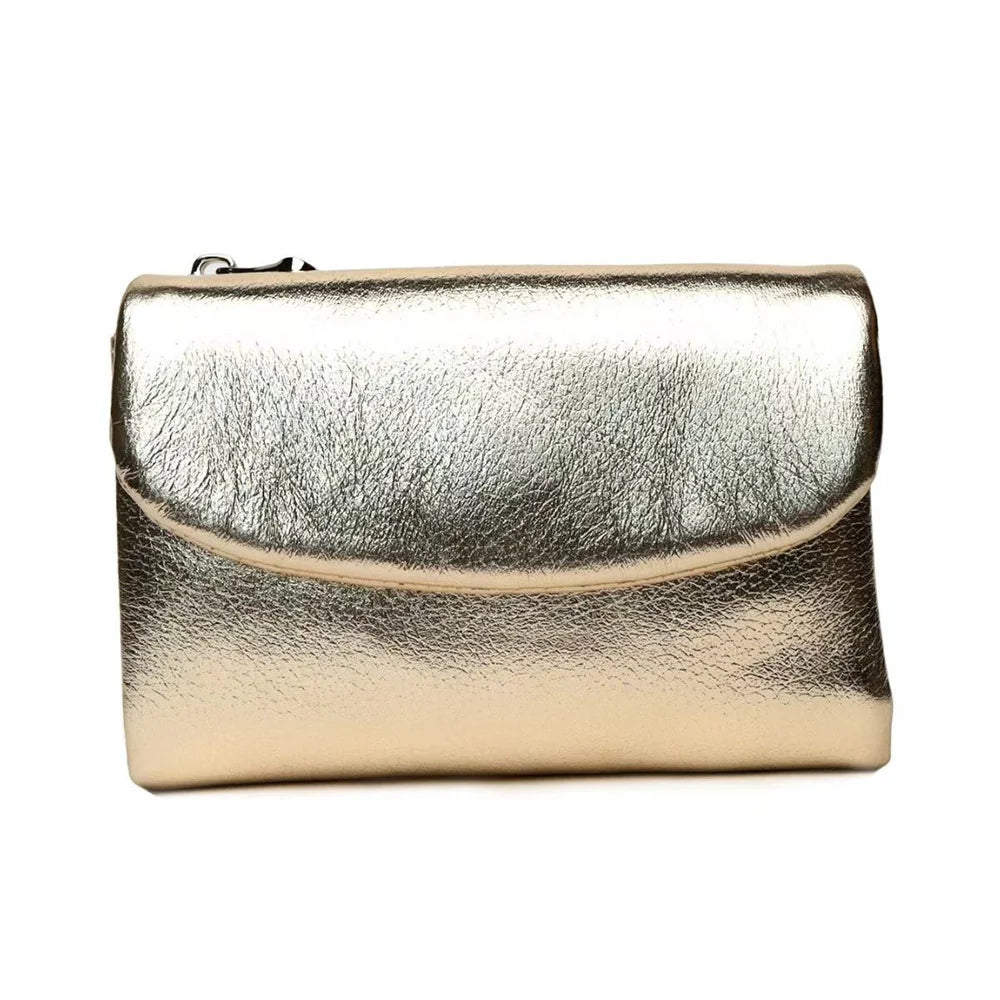A gold-toned genuine leather mini card holder wallet with a smooth, textured finish.