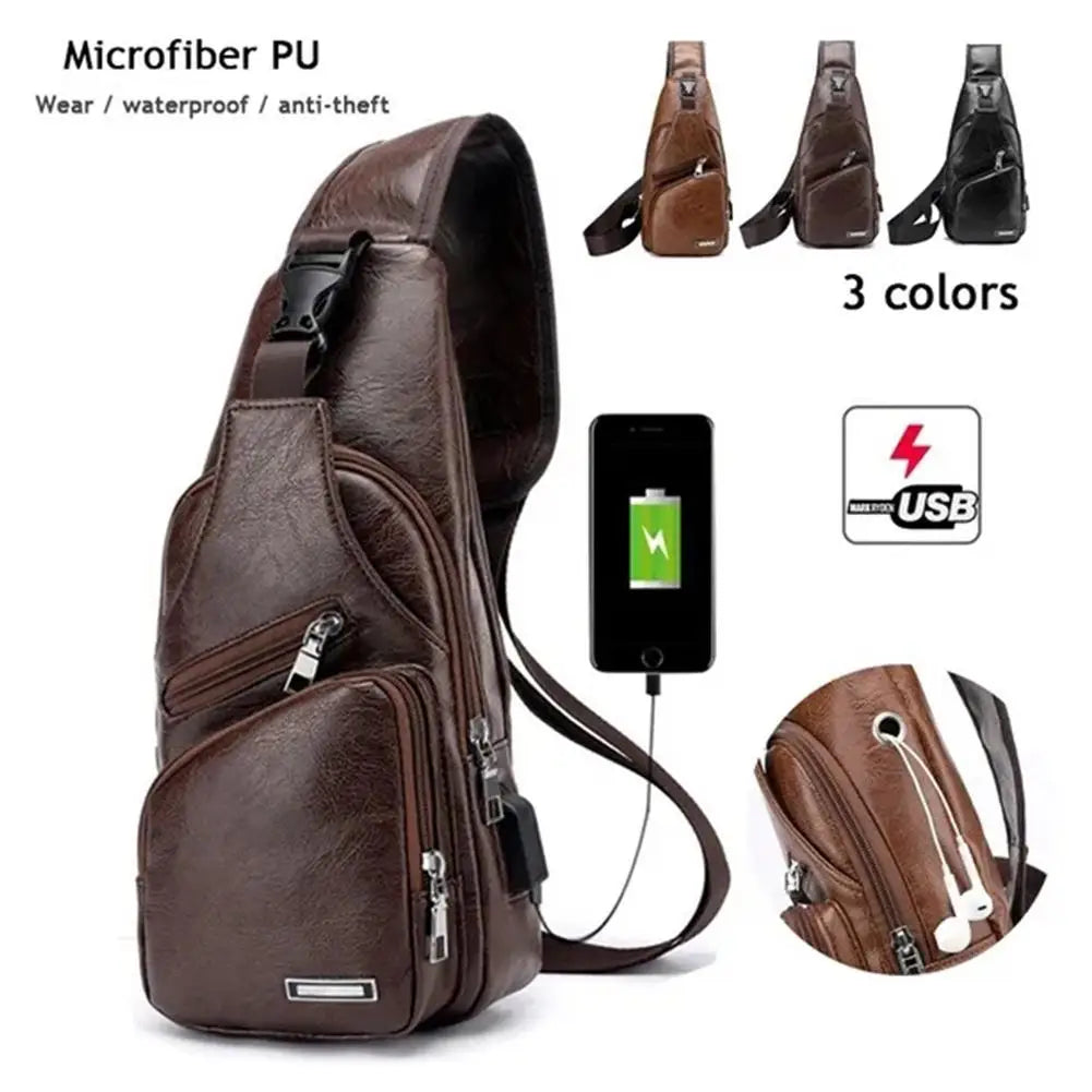 Braune Mikrofaser-PU-Leder-Crossbody-Tasche mit Reißverschluss und integriertem USB-Ladekabel