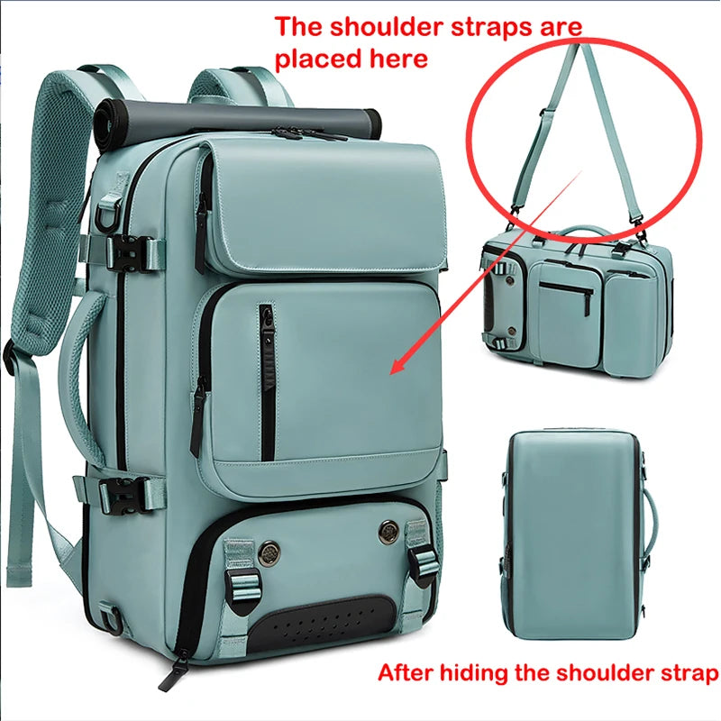 A light blue durable waterproof travel backpack showing how to hide the shoulder straps.