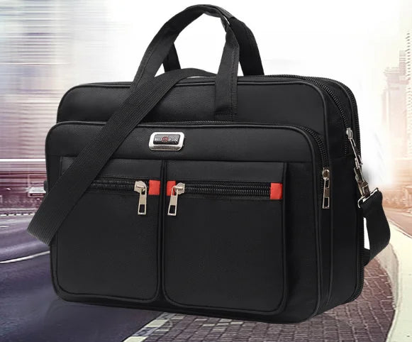 Black men's durable oxford briefcase with multiple compartments and a shoulder strap