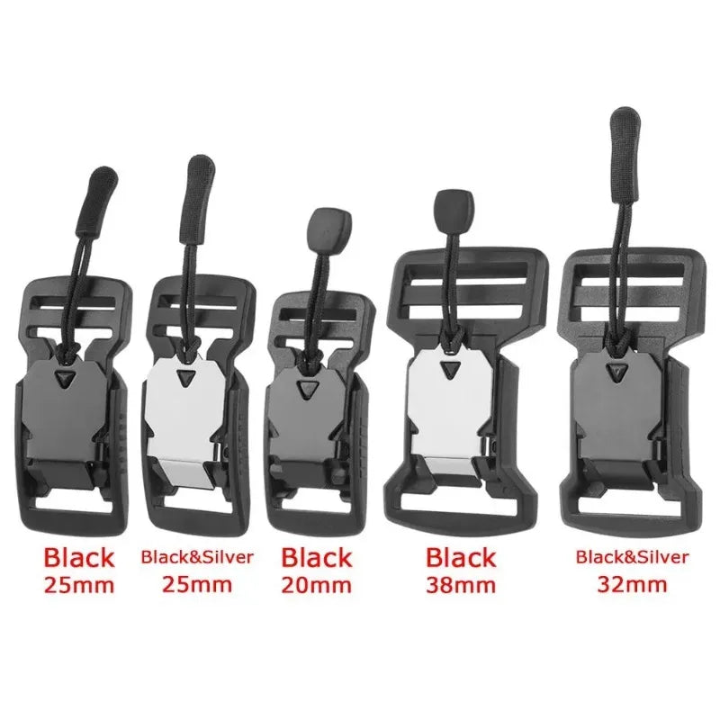 A set of magnetic quick release buckles in black and silver colors with various sizes for belts and bags.