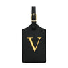 Black PU leather luggage tag with a gold letter V and a metal ring for attachment