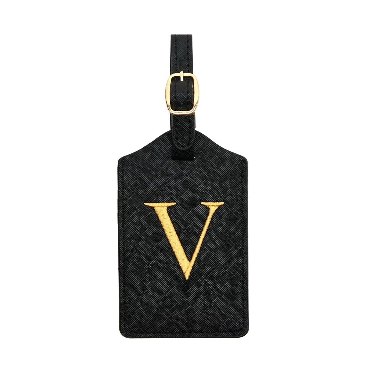Black PU leather luggage tag with a gold letter V and a metal ring for attachment