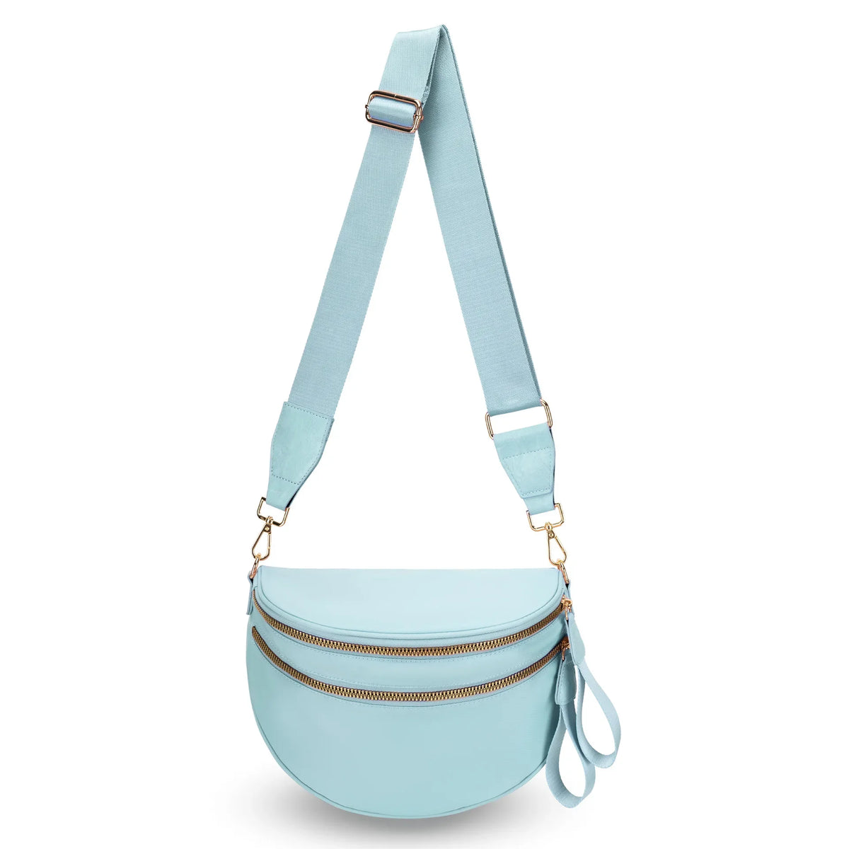 Hellblaue karierte Crossbodytasche mit tanen Lederriemen und goldfarbenem Hardware