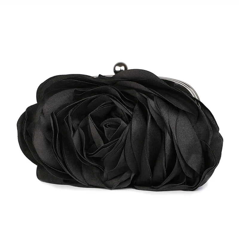Black rose floral evening clutch bag with a silver chain strap
