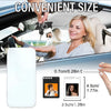 A white memory photo transfer keychain tag is shown next to a woman in a car interior.