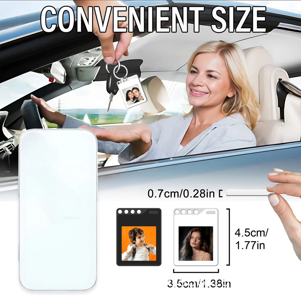 A white memory photo transfer keychain tag is shown next to a woman in a car interior.