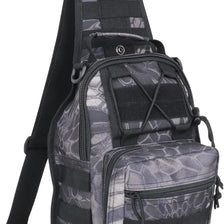 A black tactical MOLLE sling bag with a gray and black camouflage pattern shown from the back.