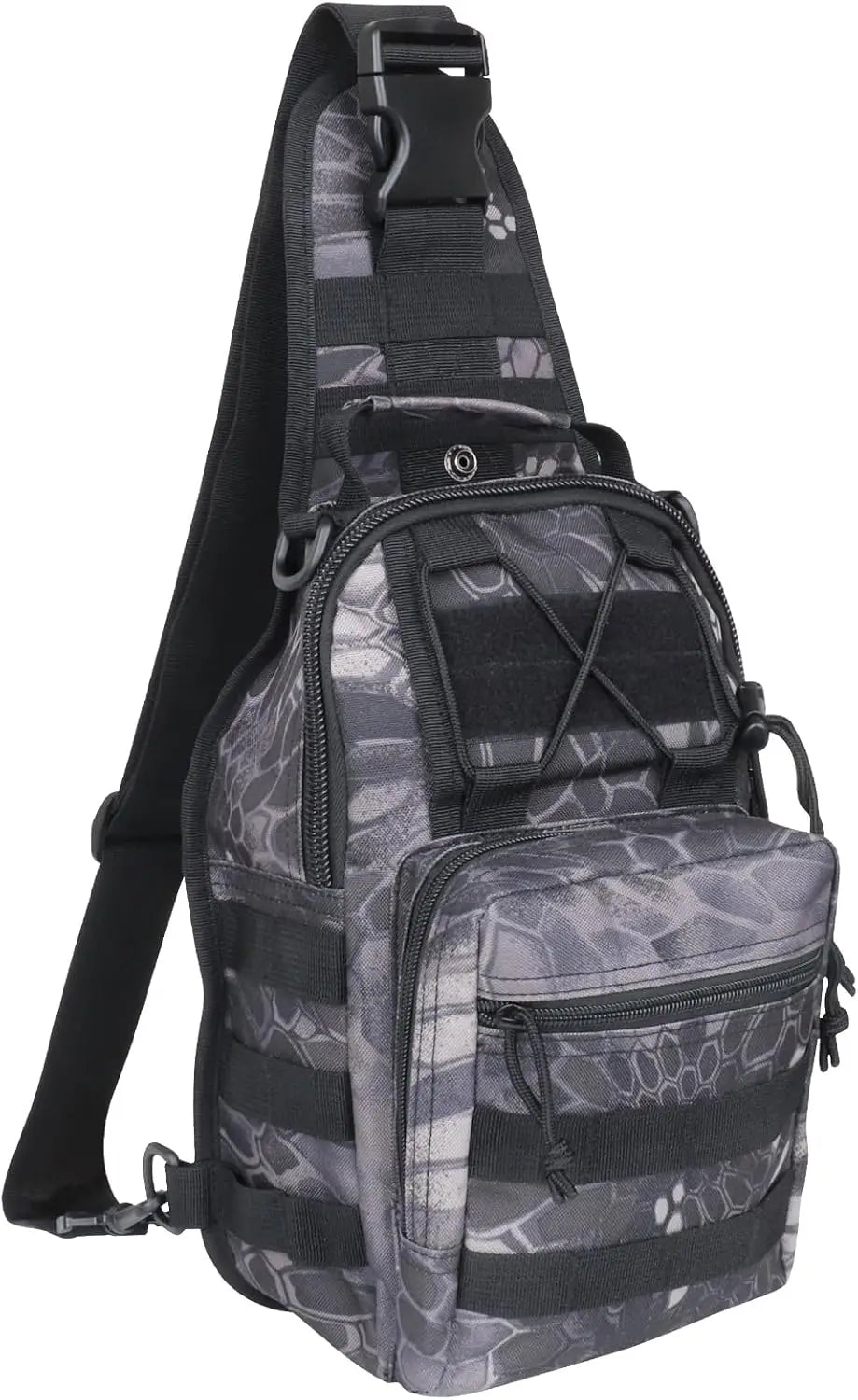 Schwarzer taktischer MOLLE-Slingbag mit grau-schwarzem Camouflage-Muster von hinten.