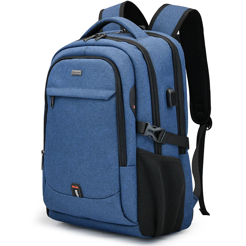 A blue men's premium laptop backpack with black accents and padded straps.
