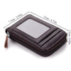 A dark brown slim leather wallet with a clear window showing dimensions of 7.5cm by 12cm.