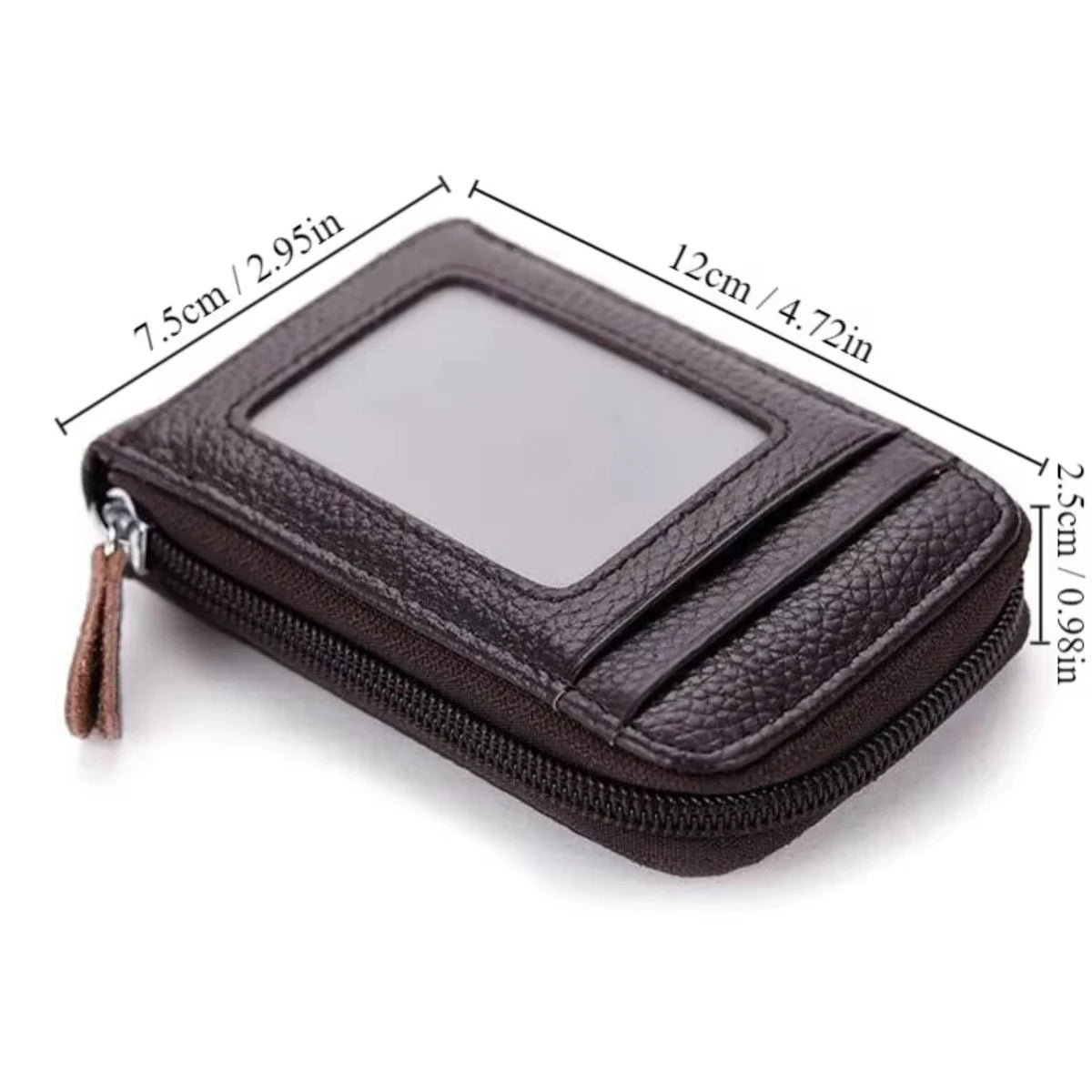 A dark brown slim leather wallet with a clear window showing dimensions of 7.5cm by 12cm.