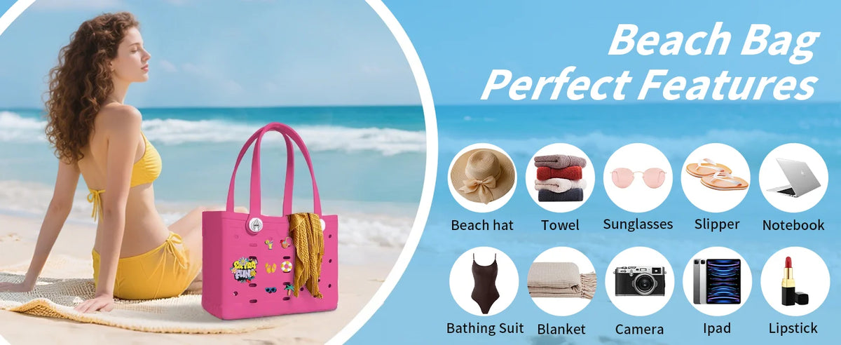 Un sac de plage imperméable rose à côté d'une femme sur la plage avec des articles comme un chapeau, une serviette et des lun