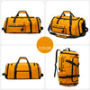 Yellow tactical backpack shown in multiple views with black straps and compartments